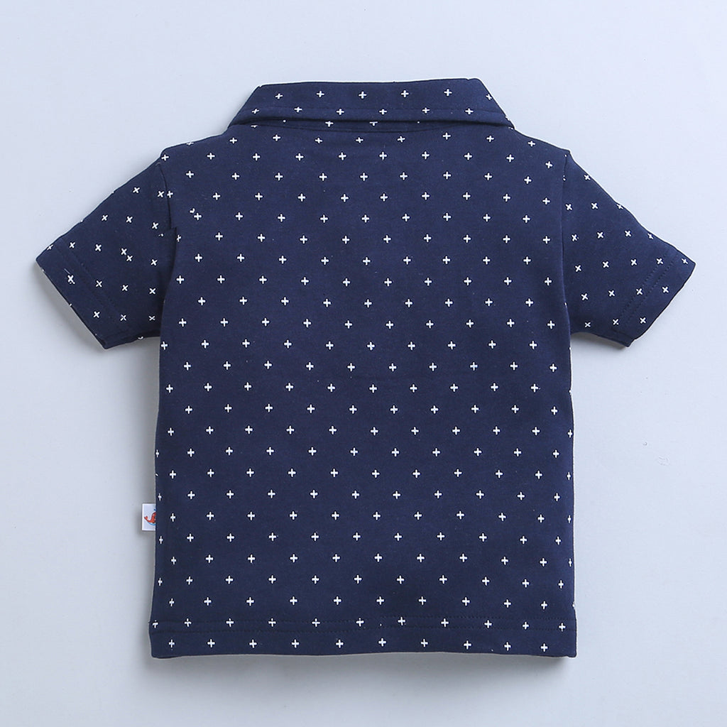 Bumzee Beige & Navy Graphic Print T-Shirt & Short Set, Half Sleeves, 100% Cotton