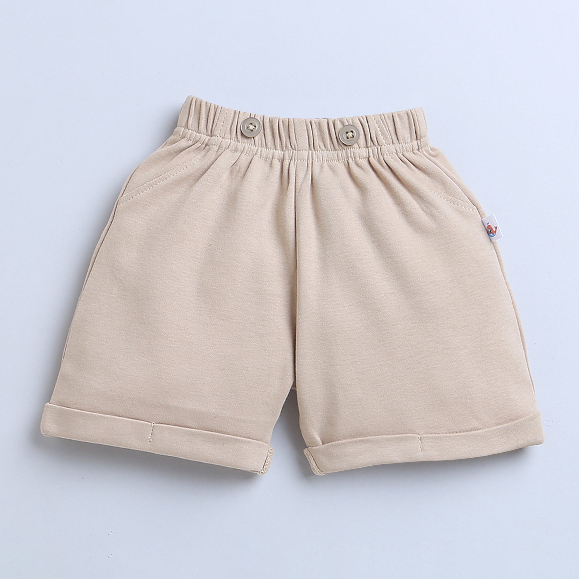 BUMZEE Beige & Navy Boys Half Sleeves T-shirt & Short Set With Bow Suspender