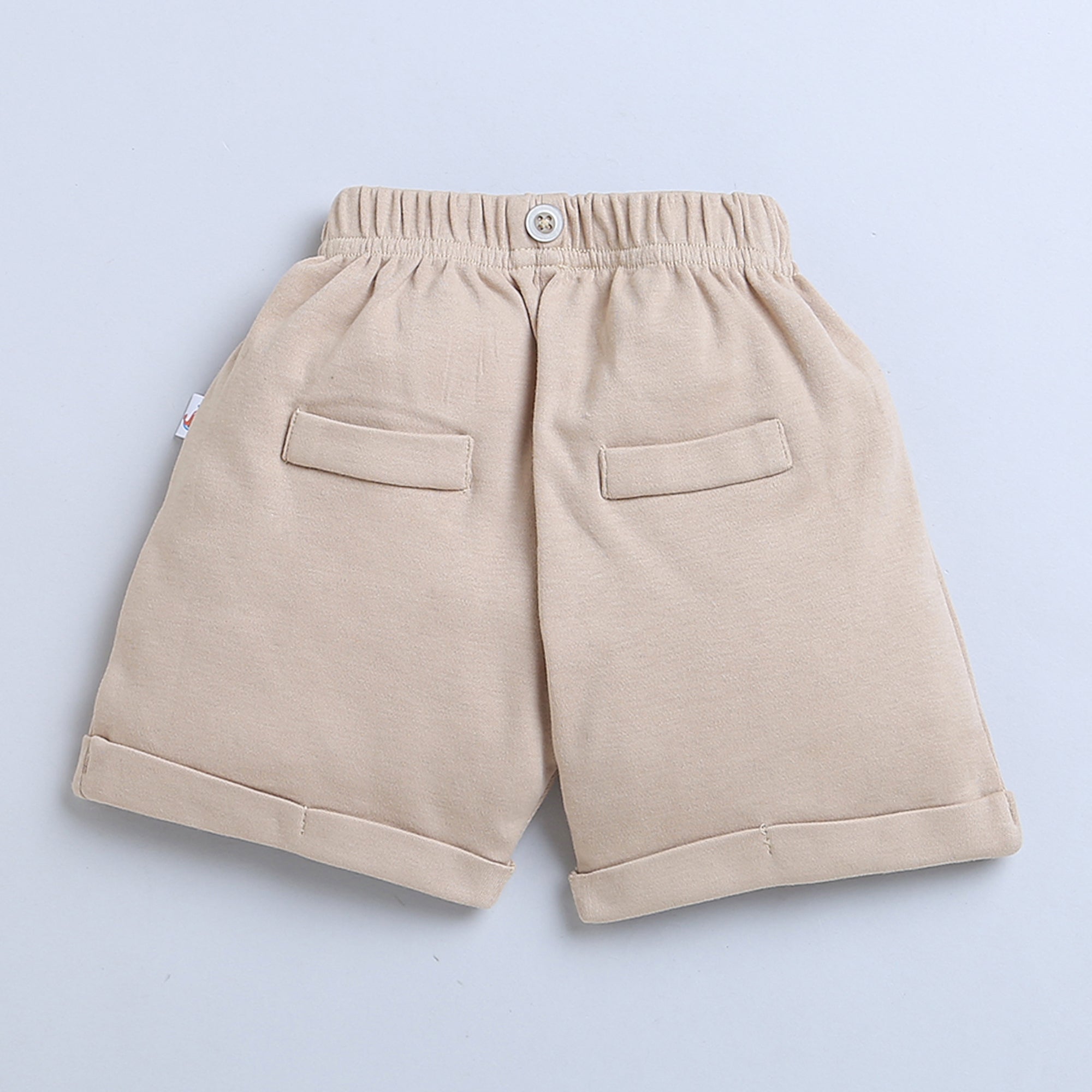 BUMZEE Beige & Navy Boys Half Sleeves T-shirt & Short Set With Bow Suspender