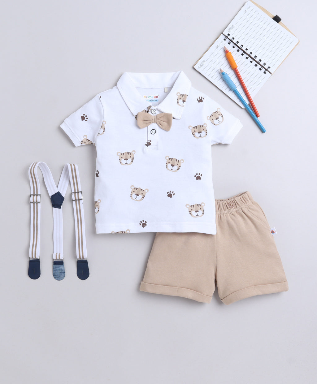 Bumzee White & Brown Animal Print T-Shirt & Short Set, Half Sleeves, 100% Cotton
