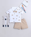 Bumzee White & Brown Animal Print T-Shirt & Short Set, Half Sleeves, 100% Cotton