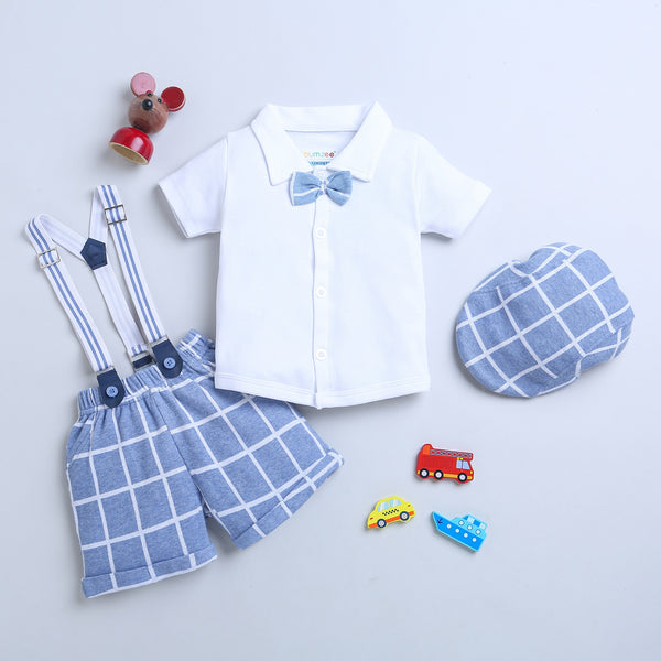 Bumzee Sky Blue & White Checked Formal Set, Half Sleeves, 100% Cotton