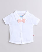Bumzee White & Peach Striped Formal Set, Half Sleeves, 100% Cotton