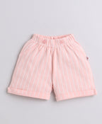 Bumzee White & Peach Striped Formal Set, Half Sleeves, 100% Cotton