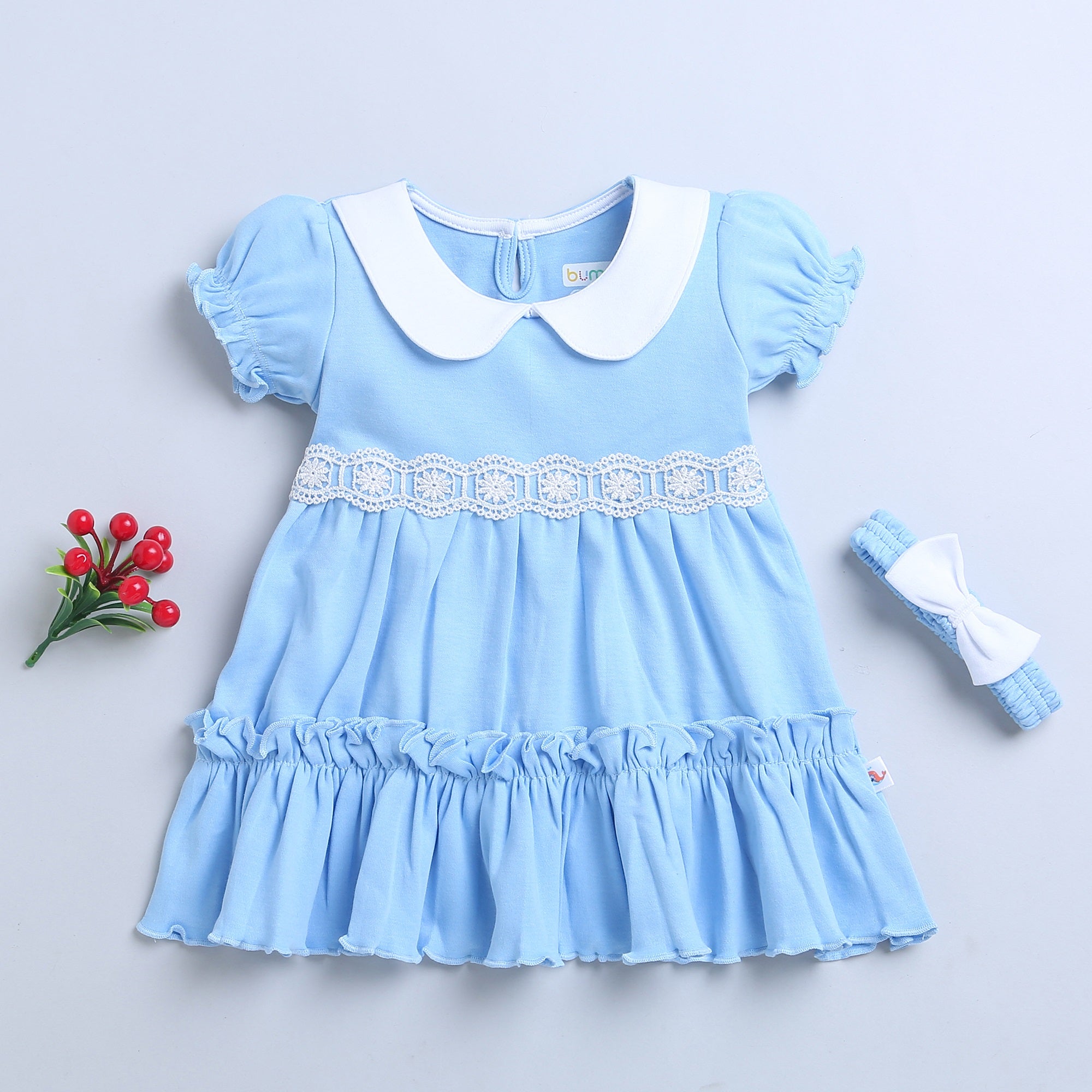 Sky Blue Girls Half Sleeves Cotton Frock With Headband