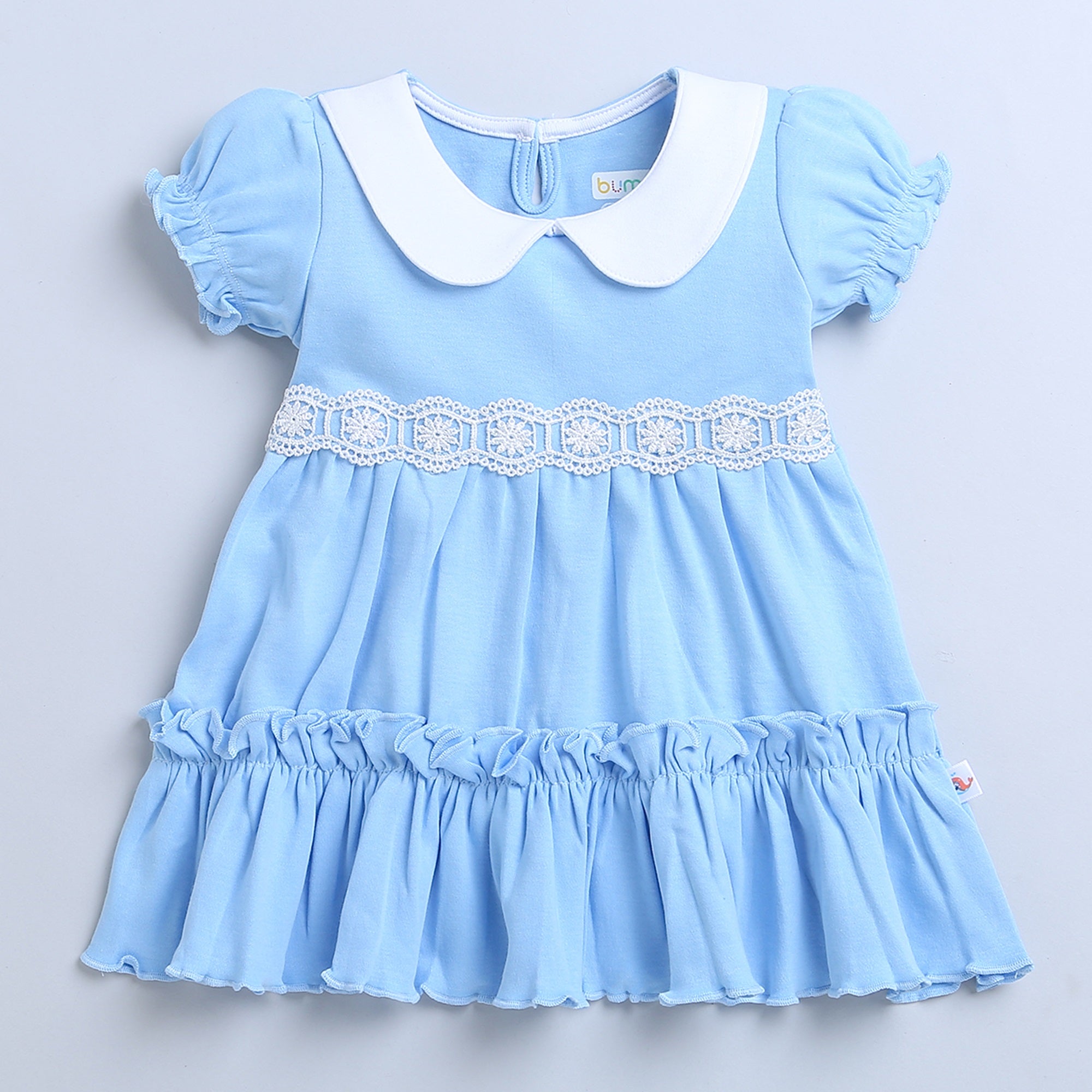 Sky Blue Girls Half Sleeves Cotton Frock With Headband