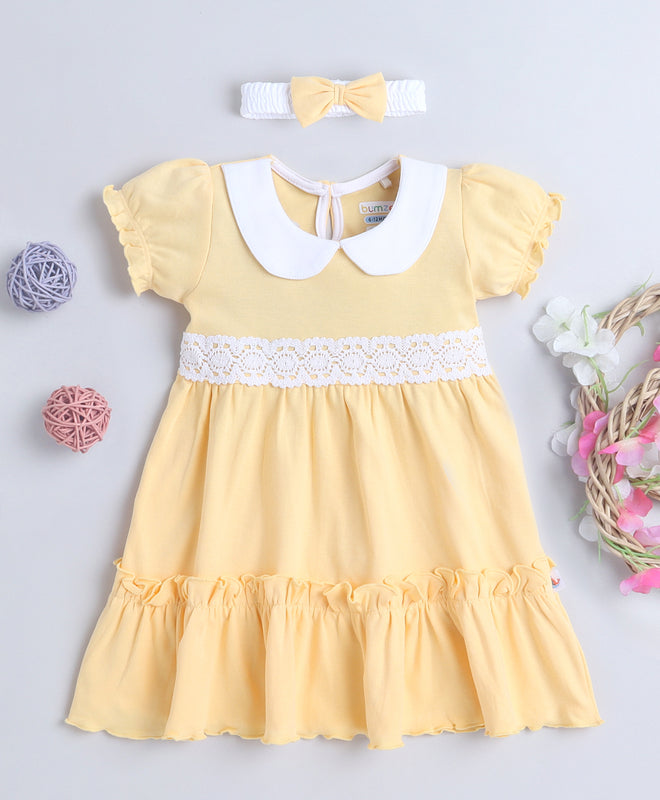 Yellow Girls Half Sleeves Cotton Frock With Headband