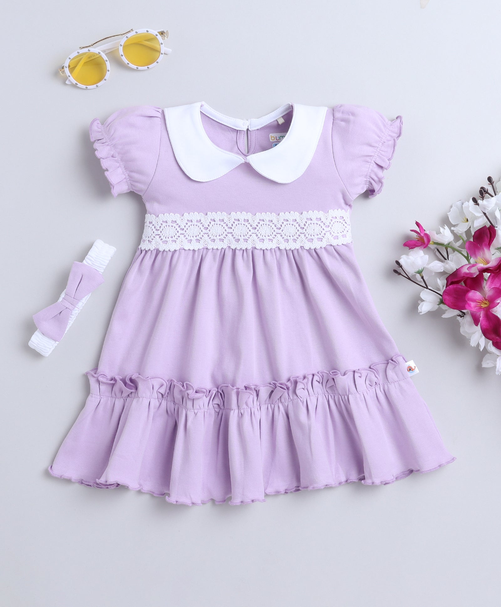 Lavender Girls Half Sleeves Cotton Frock With Headband