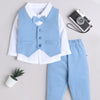 BUMZEE Powder Blue & White Boys Full Sleeves Shirt Waistcoat & Pant Set With Applique Bow