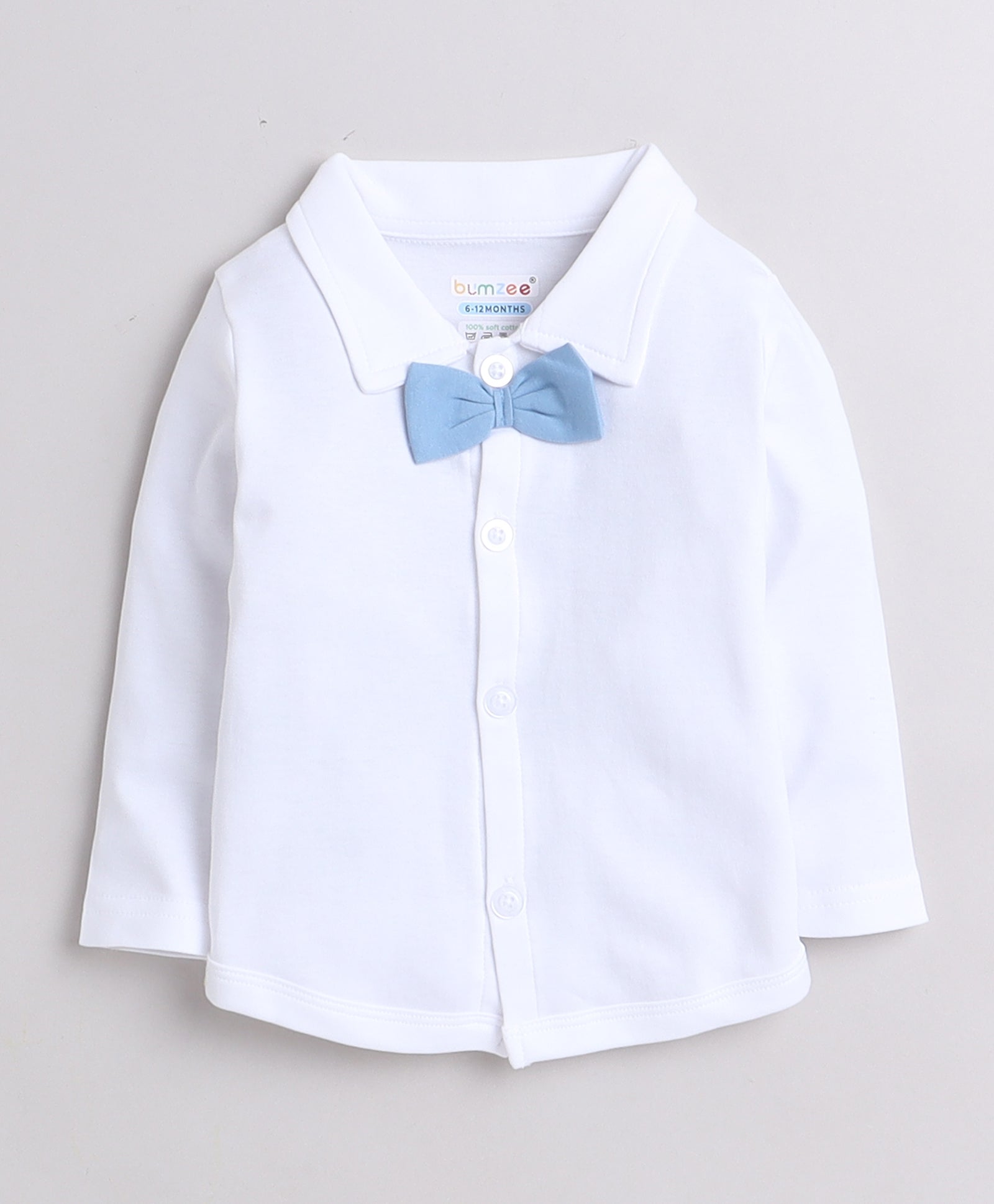 BUMZEE Powder Blue & White Boys Full Sleeves Shirt Waistcoat & Pant Set With Applique Bow