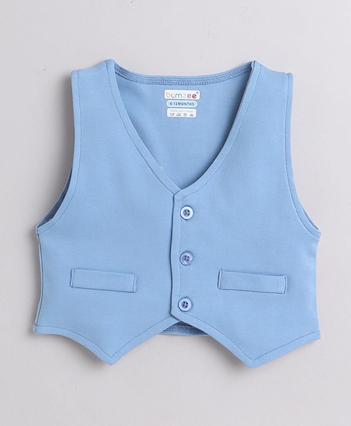 Bumzee Powder Blue & White Formal Set, Full Sleeves, 100% Cotton, with Waistcoat (Style Peb9069)