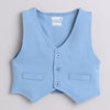 BUMZEE Powder Blue & White Boys Full Sleeves Shirt Waistcoat & Pant Set With Applique Bow