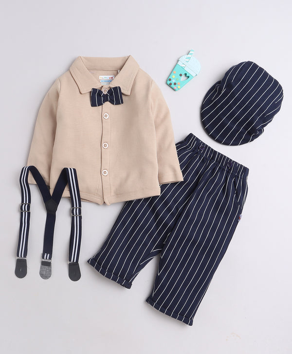 Bumzee Beige & Navy Striped Formal Set, Full Sleeves, 100% Cotton, with Suspender