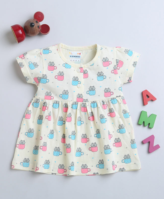 Cream Girls Half Sleeves Cotton Frock