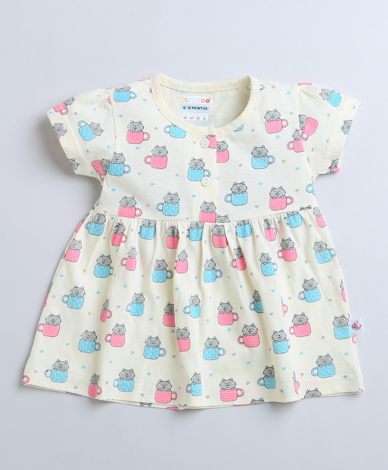 Cream Girls Half Sleeves Cotton Frock