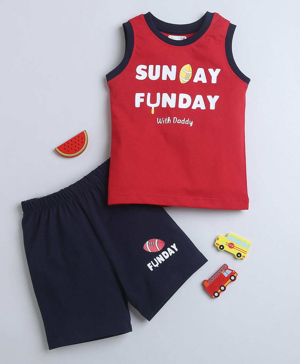 Bumzee Navy & Red Graphic Print T-Shirt & Short Set, Sleeveless, 100% Cotton