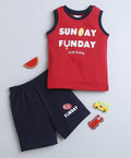 Bumzee Navy & Red Graphic Print T-Shirt & Short Set, Sleeveless, 100% Cotton