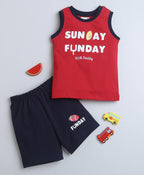 Bumzee Navy & Red Graphic Print T-Shirt & Short Set, Sleeveless, 100% Cotton