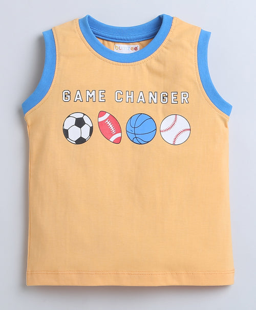 BUMZEE Blue & Orange Boys Sleeveless T-Shirt & Short Set