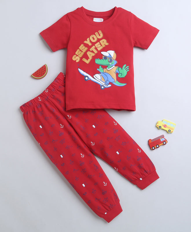 Boys 100% Cotton NA T-Shirt & Pyjama Set - Red
