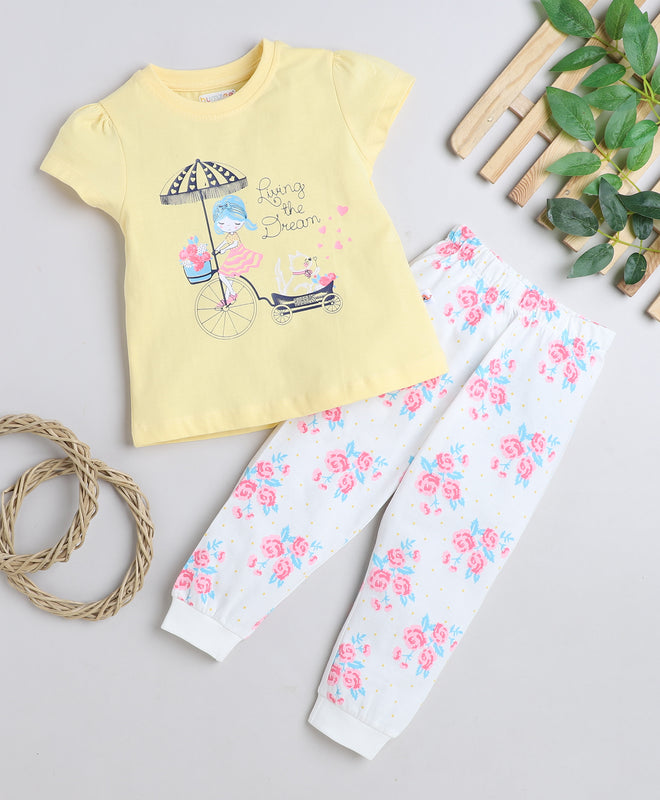 Girls 100% Cotton NA T-Shirt & Pyjama Set - White & Yellow
