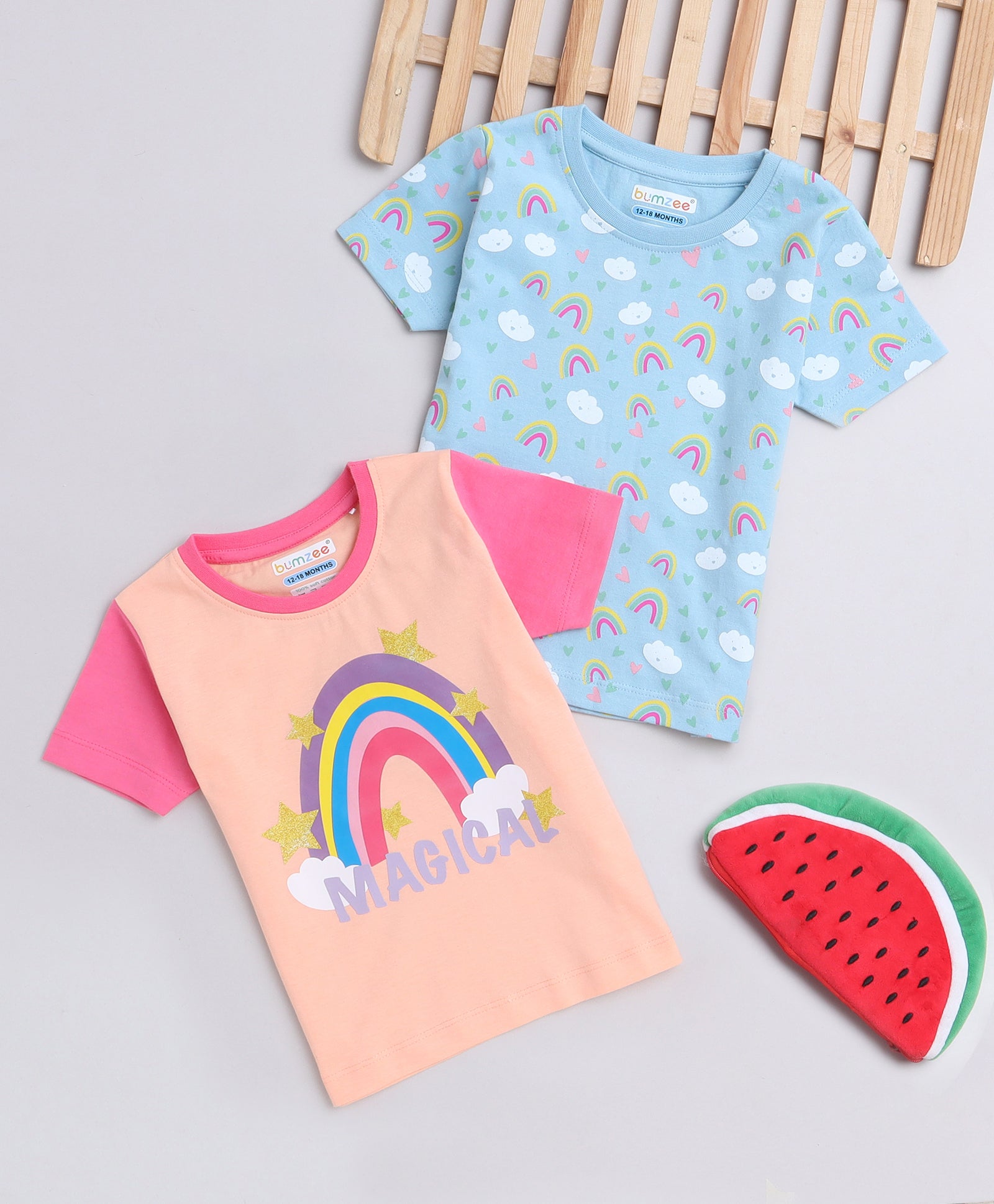 BUMZEE Powder Blue & Peach Girls Half Sleeves T-Shirts Pack Of 2