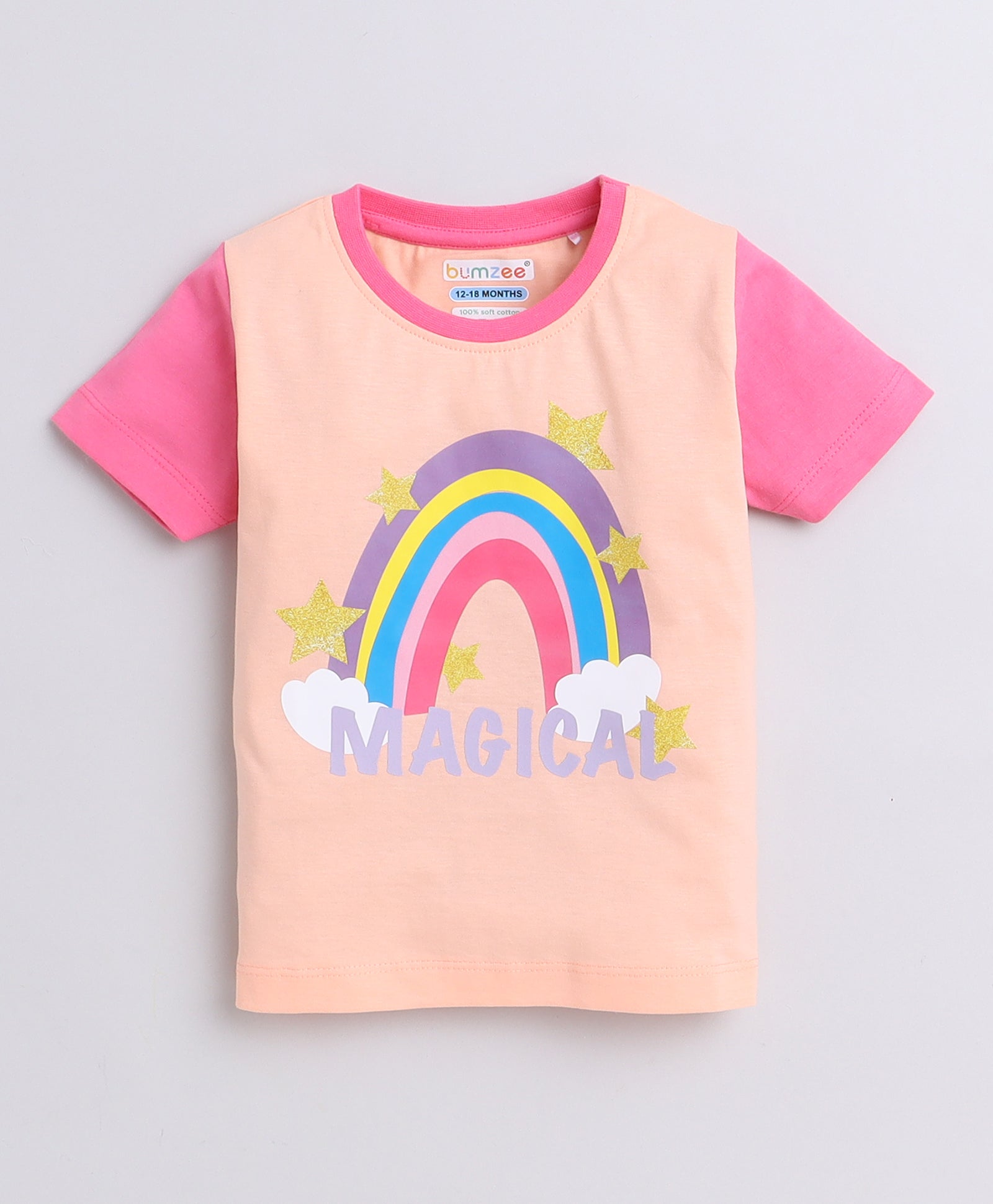 BUMZEE Powder Blue & Peach Girls Half Sleeves T-Shirts Pack Of 2