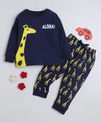 Bumzee Navy Animal Print T-Shirt & Pyjama Set, Full Sleeves, 100% Cotton