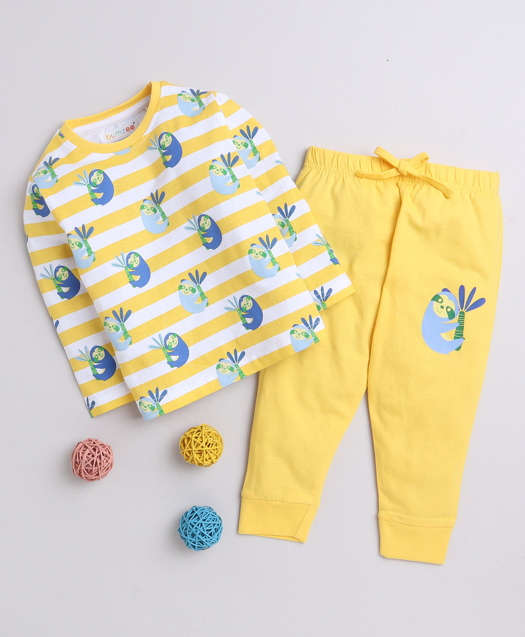 Bumzee Yellow Animal Print T-Shirt & Pyjama Set, Full Sleeves, 100% Cotton