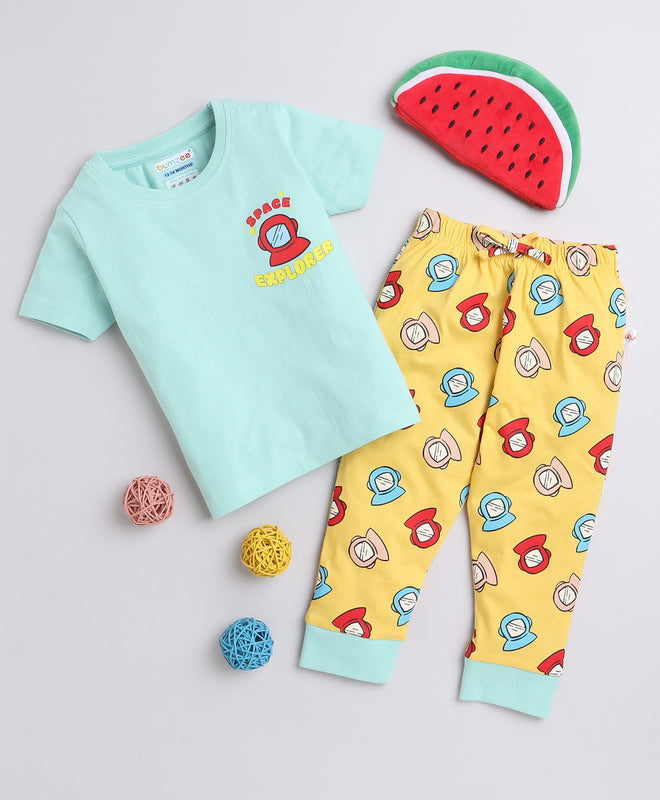 Boys 100% Cotton NA T-Shirt & Pyjama Set - Mint & Yellow