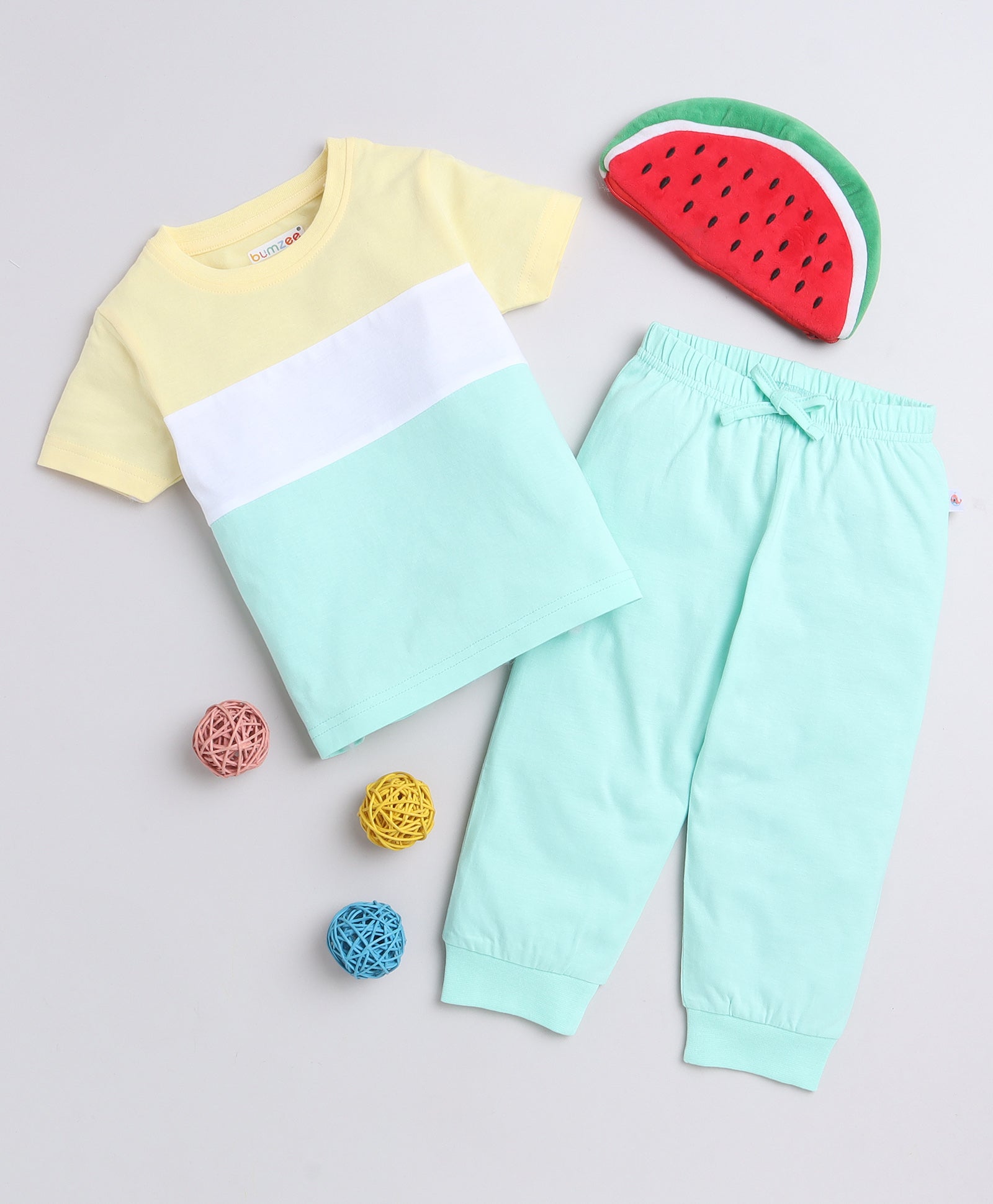 Boys 100% Cotton NA T-Shirt & Pyjama Set - Mint & Yellow