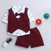 BUMZEE Maroon & White Boys Full Sleeves Shirt Waistcoat & Short Set With Applique Bow
