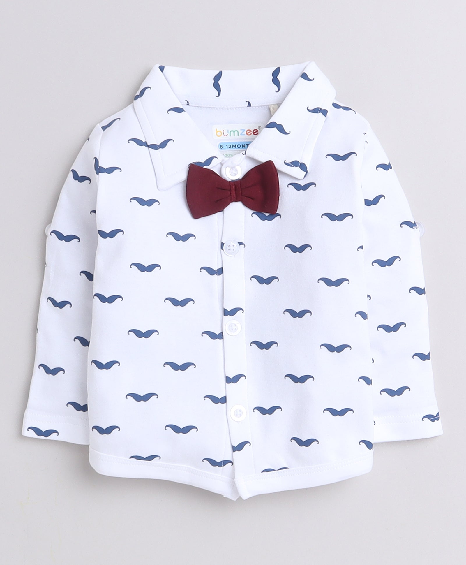 BUMZEE Maroon & White Boys Full Sleeves Shirt Waistcoat & Short Set With Applique Bow