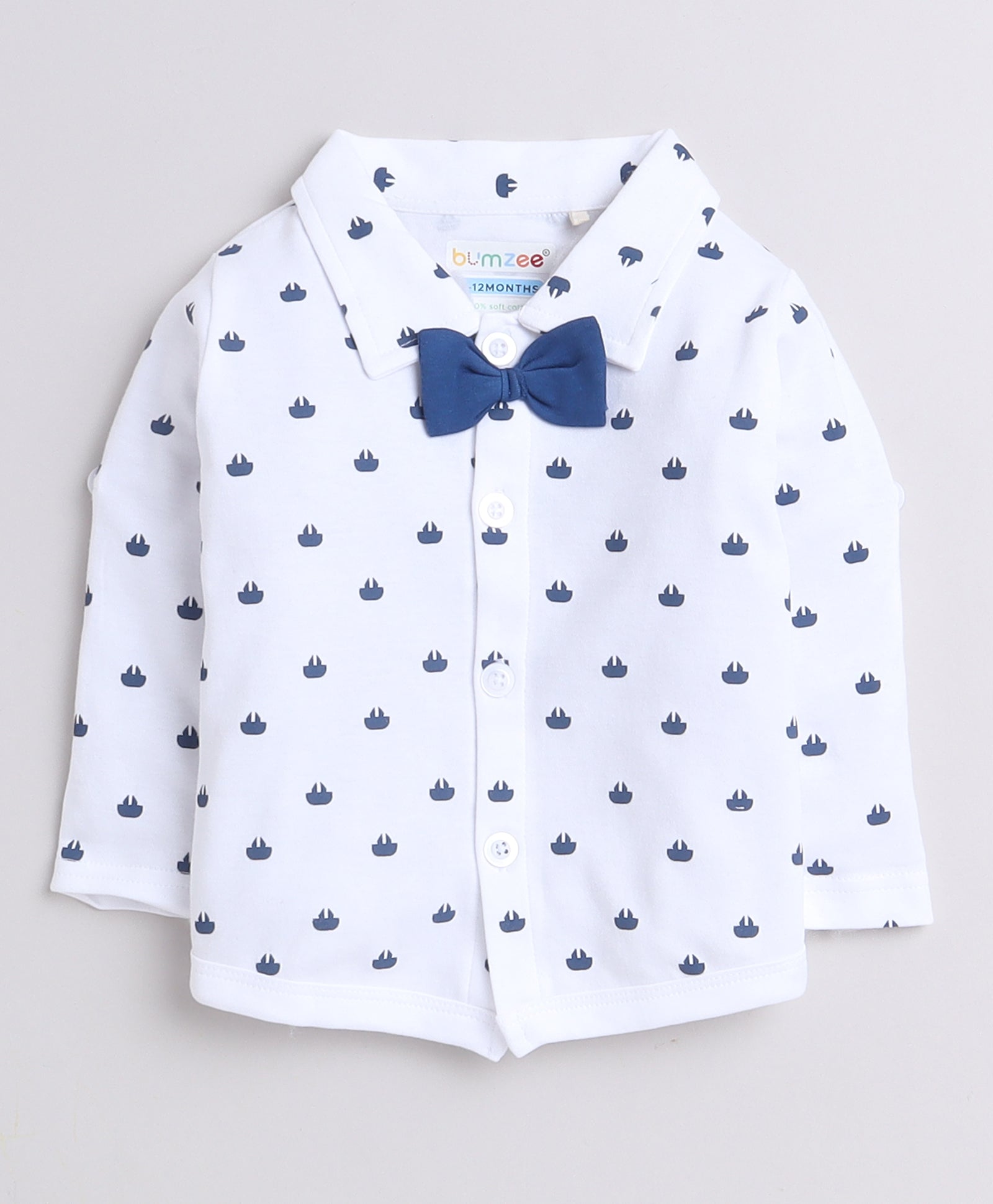 BUMZEE Navy & White Boys Full Sleeves Shirt Waistcoat & Short Set With Applique Bow