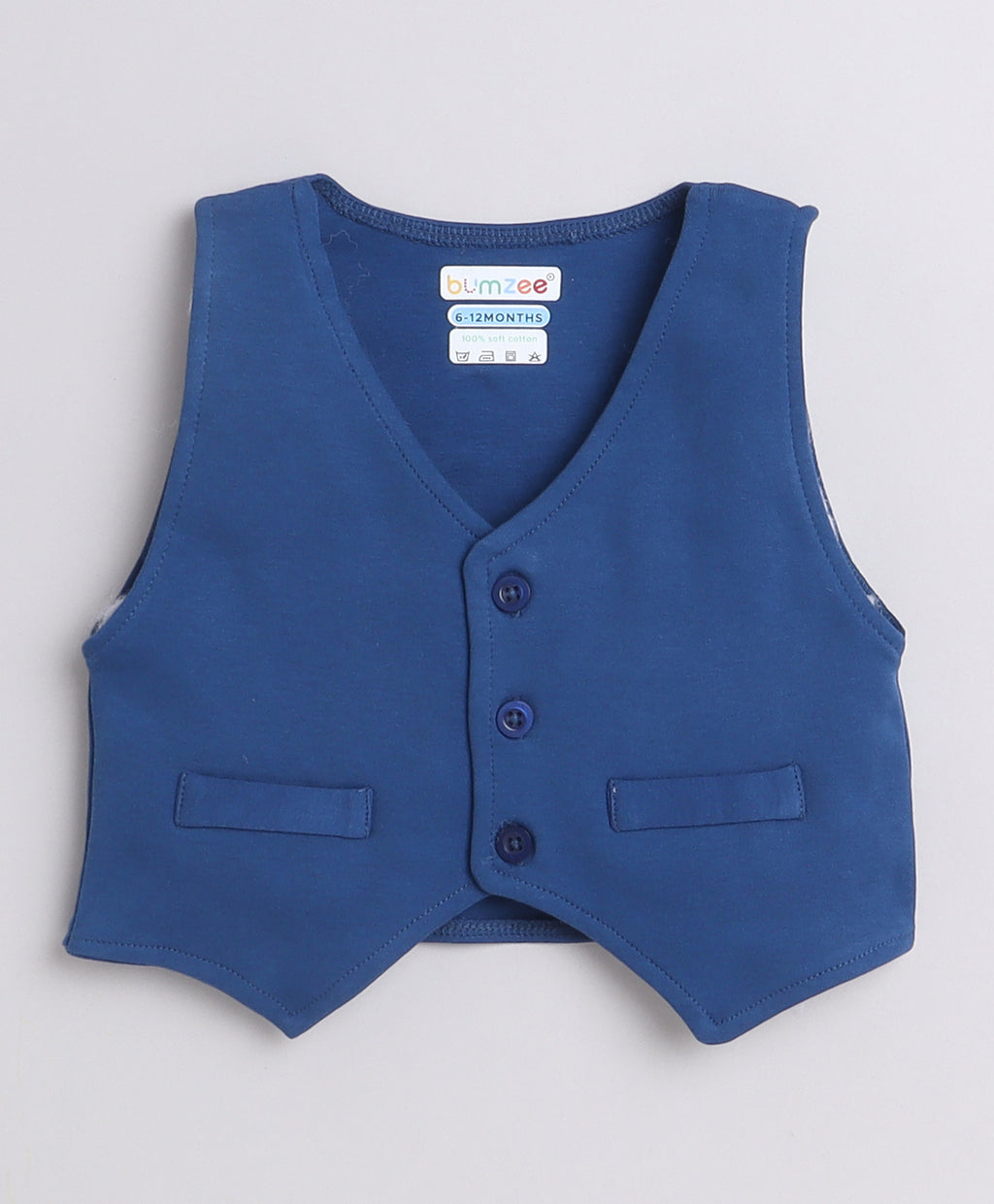 Bumzee Navy & White Graphic Print Formal Set, Full Sleeves, 100% Cotton, with Waistcoat (Style Peb9294)