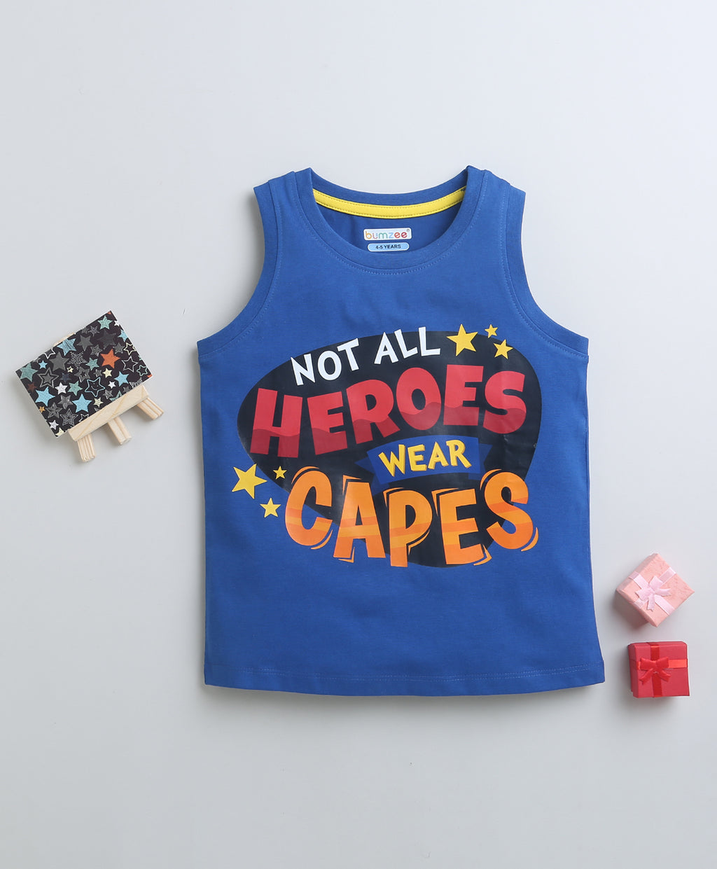 Bumzee Royal Blue Graphic Print T-Shirt, Sleeveless, 100% Cotton