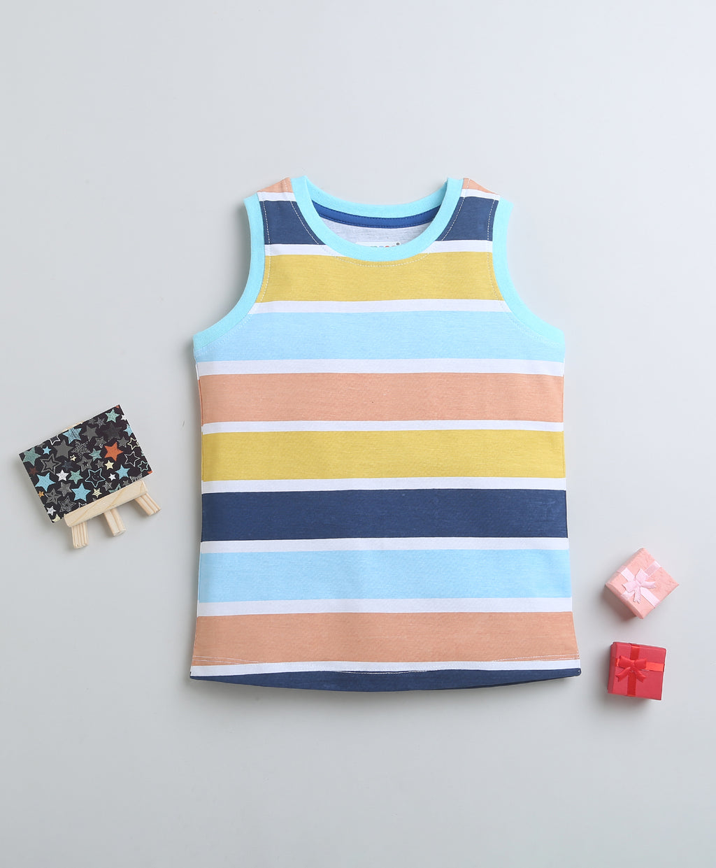 Bumzee Blue Striped T-Shirt, Sleeveless, 100% Cotton