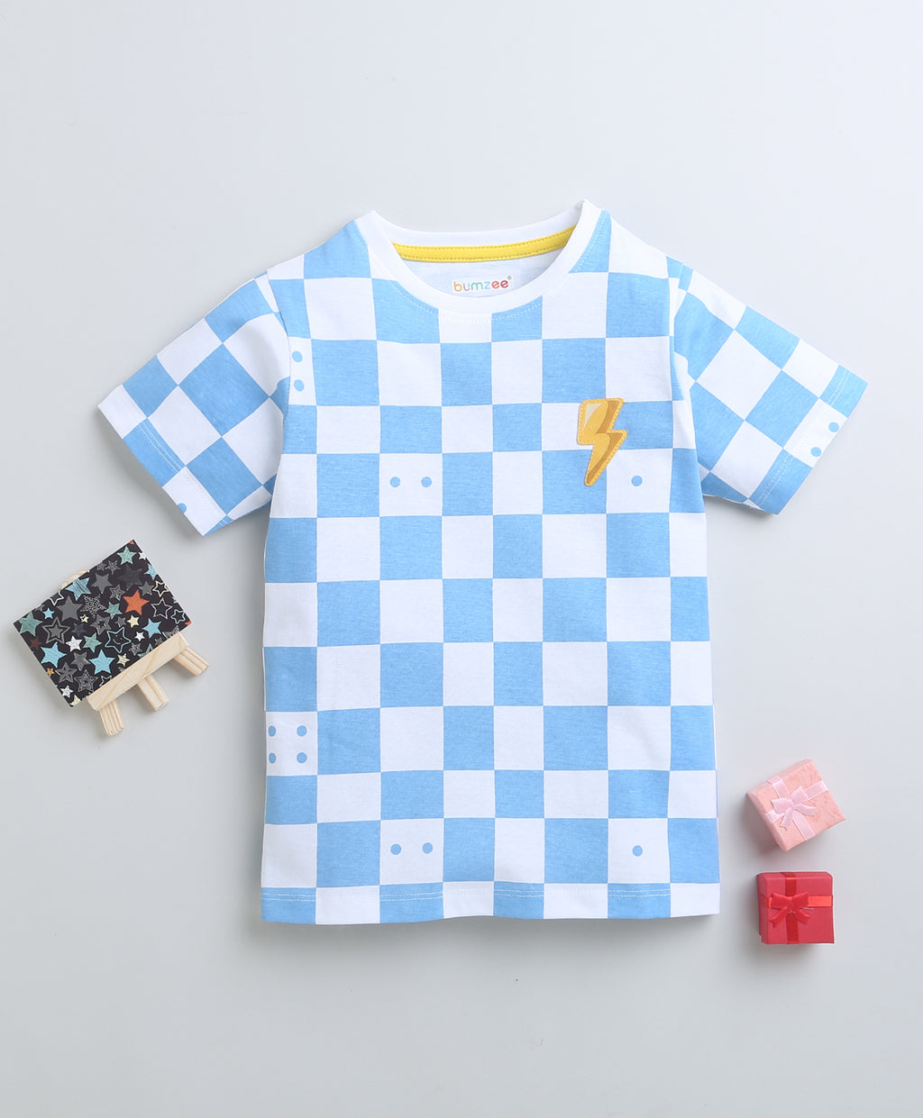 Bumzee White & Blue Checked T-Shirt, Half Sleeves, 100% Cotton
