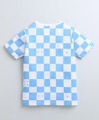 Bumzee White & Blue Checked T-Shirt, Half Sleeves, 100% Cotton