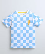 Bumzee White & Blue Checked T-Shirt, Half Sleeves, 100% Cotton