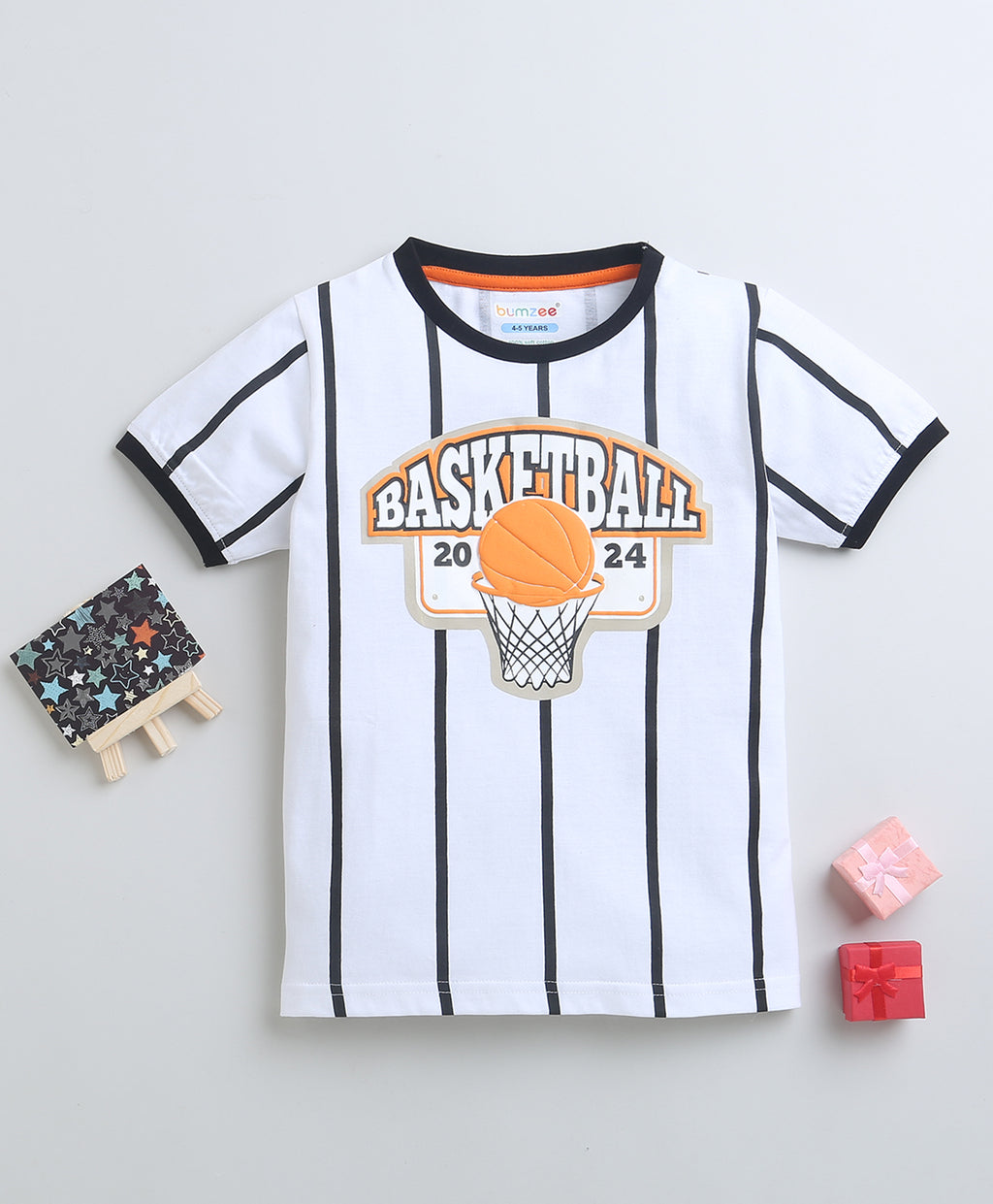 Bumzee White Striped T-Shirt, Half Sleeves, 100% Cotton