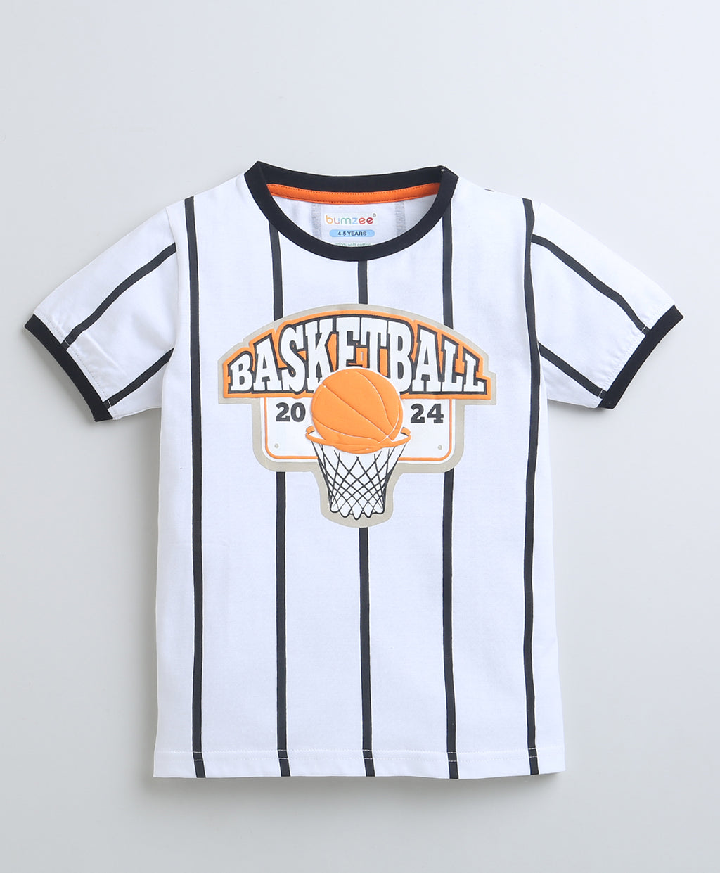 Bumzee White Striped T-Shirt, Half Sleeves, 100% Cotton