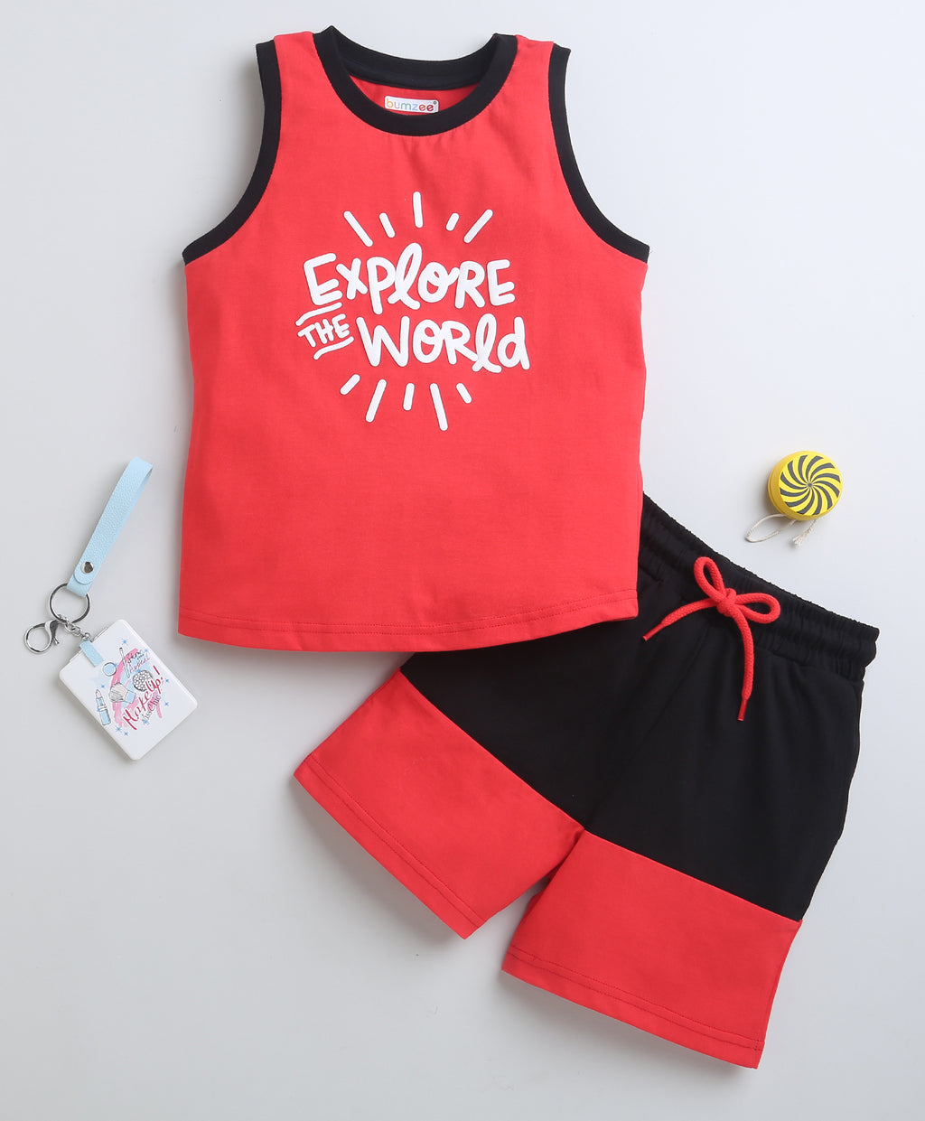 Bumzee Red & Black T-Shirt & Short Set, Sleeveless, 100% Cotton