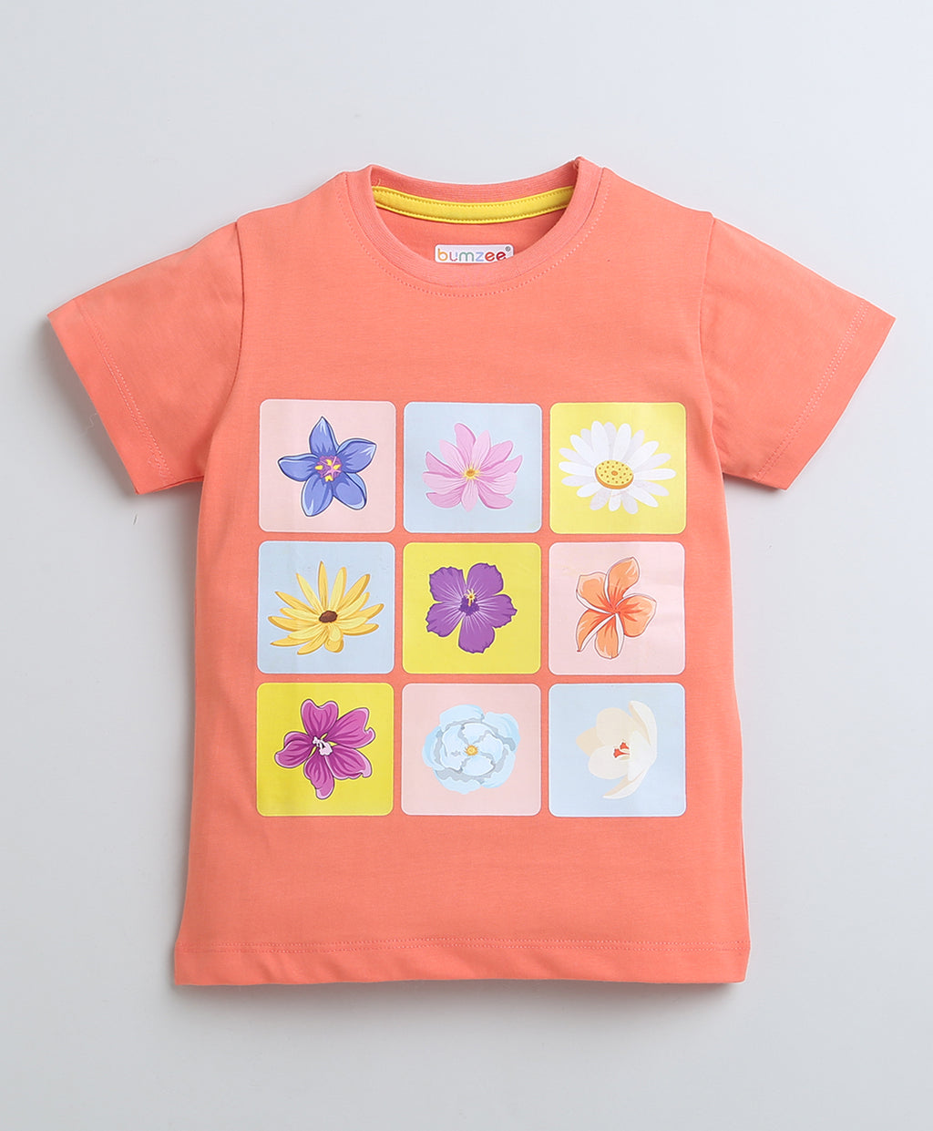 Bumzee Peach Floral Print T-Shirt, Half Sleeves, 100% Cotton (Style Peb9409)