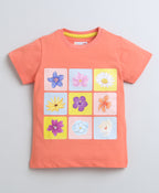 Bumzee Peach Floral Print T-Shirt, Half Sleeves, 100% Cotton (Style Peb9409)