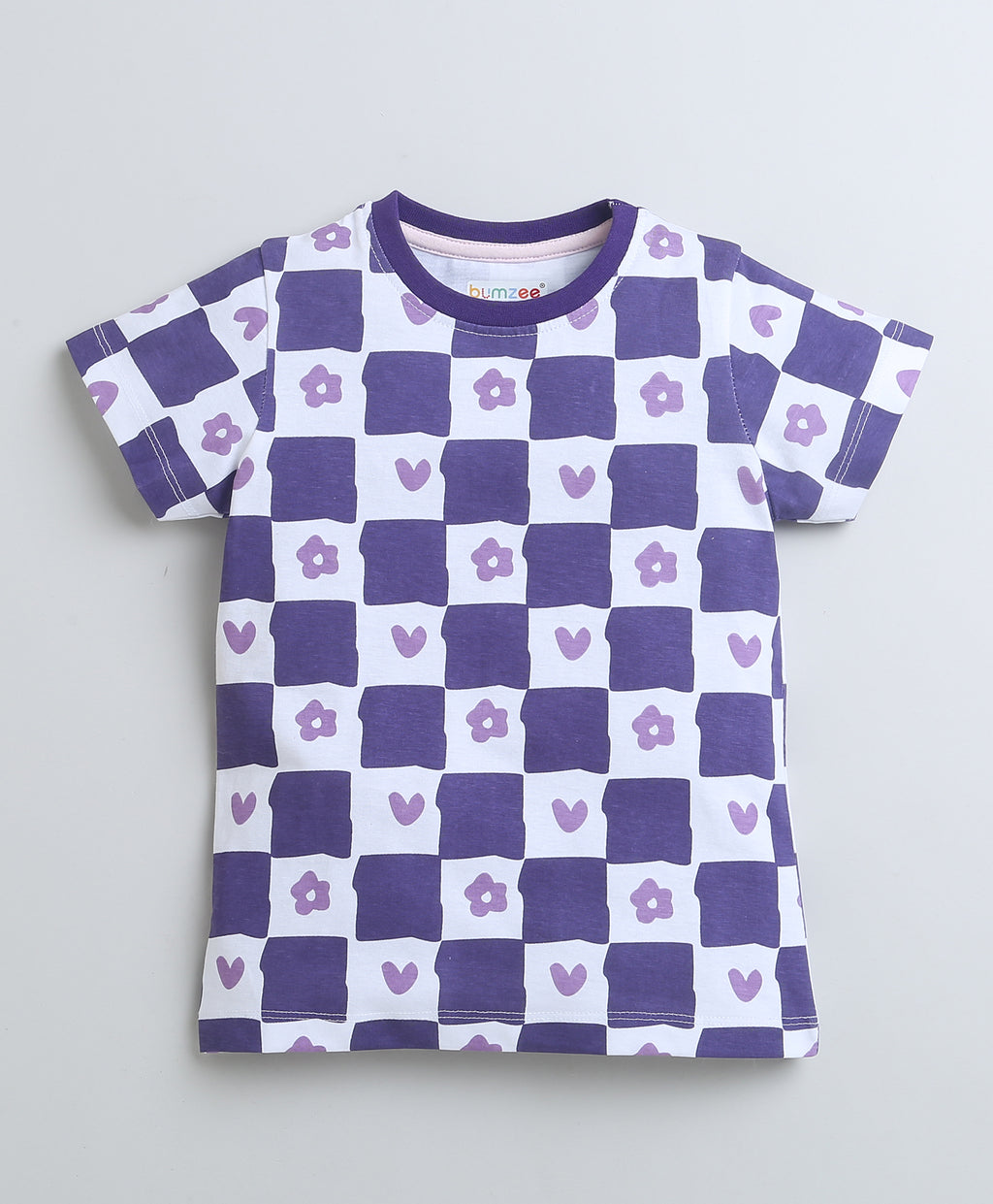 Bumzee Purple Checked T-Shirt, Half Sleeves, 100% Cotton