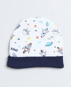 Bumzee White & Navy Graphic Print Cap, Mitten & Bootie Set, 100% Cotton