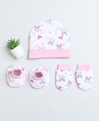 Bumzee White & Pink Animal Print Cap, Mitten & Bootie Set, 100% Cotton