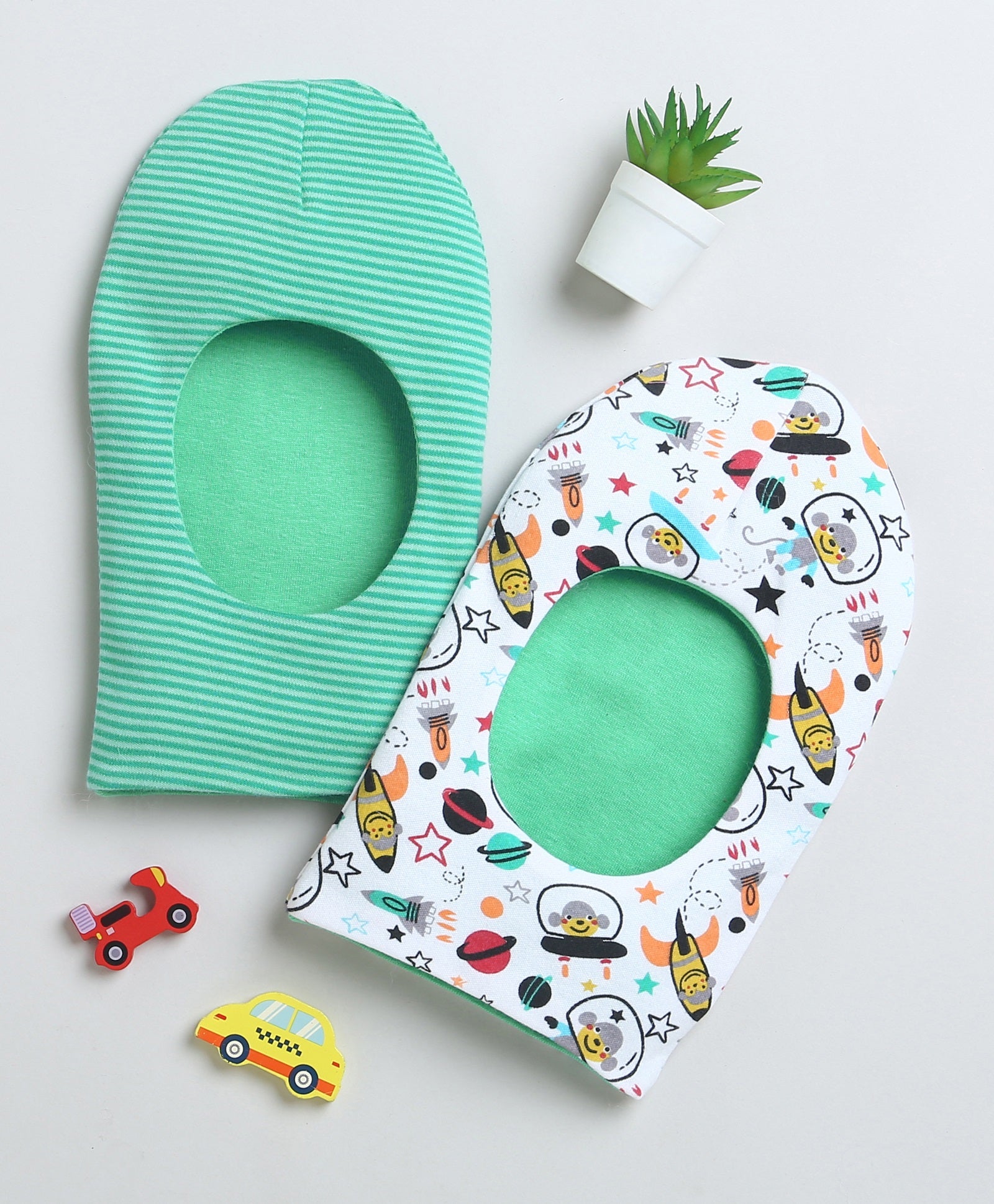Girls 100% Cotton NA Monkey Cap - Green & White