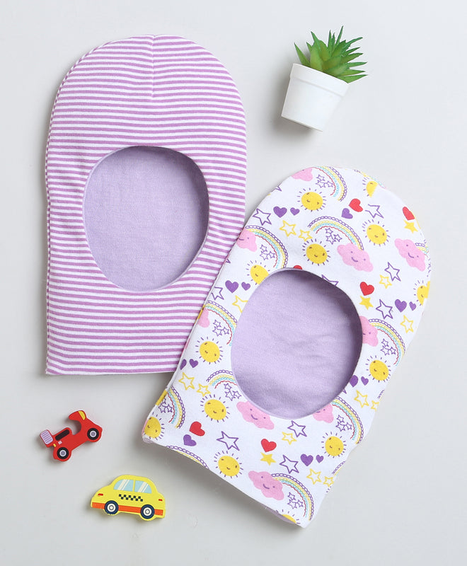 Girls 100% Cotton NA Monkey Cap - White & Lavender